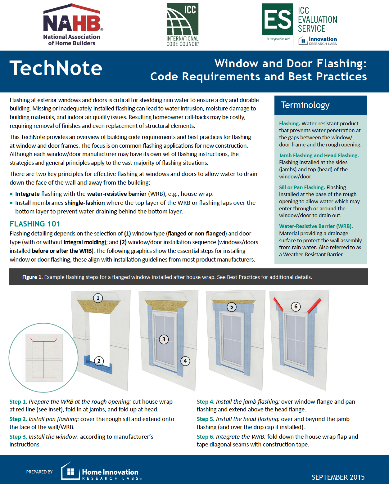 Cover page for a fact sheet by Home Innovation Research Labs on window and door flashing. 