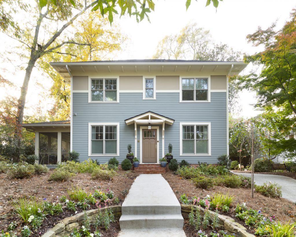 Residence of Carl Seville in Decatur, Georgia, a LEED Platinum and NGBS Emerald certified single family home featuring native landscaping. Front of house, view from street.