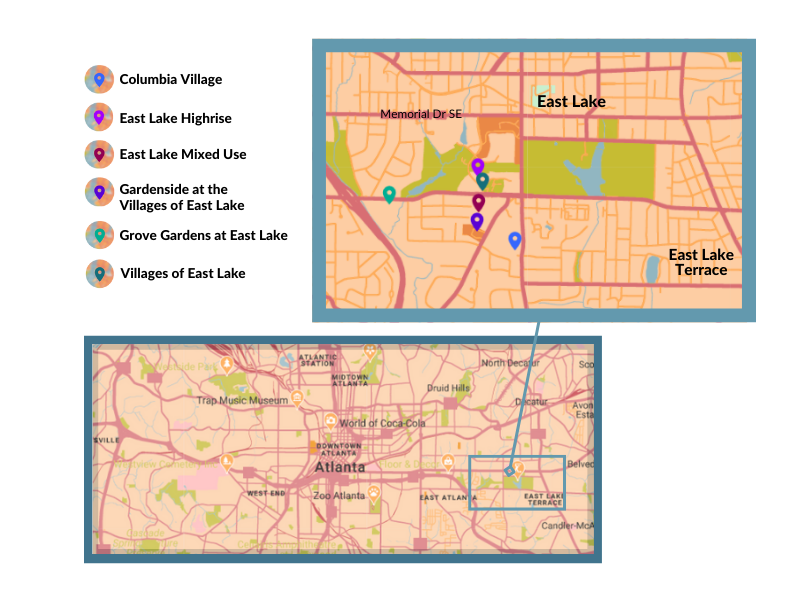 Map of green-certified developments in East Lake, Atlanta.