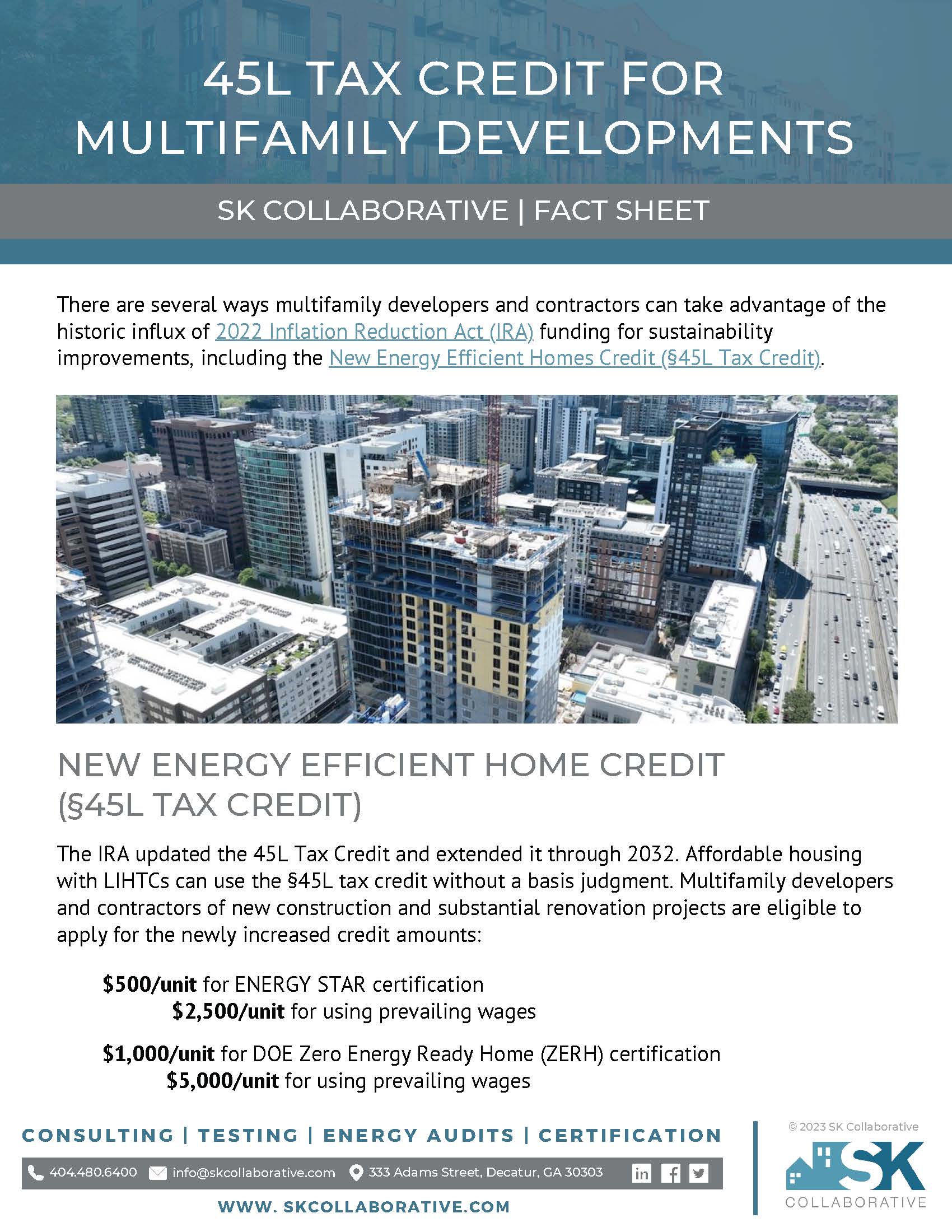 Cover page of SK Collaborative's 45L Tax Credit for Multifamily Developers Fact Sheet